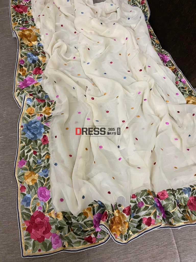 Designer Ivory Parsi Gara Hand Embroidered Dupatta