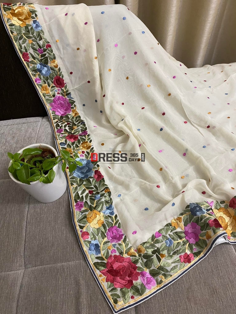 Designer Ivory Parsi Gara Hand Embroidered Dupatta