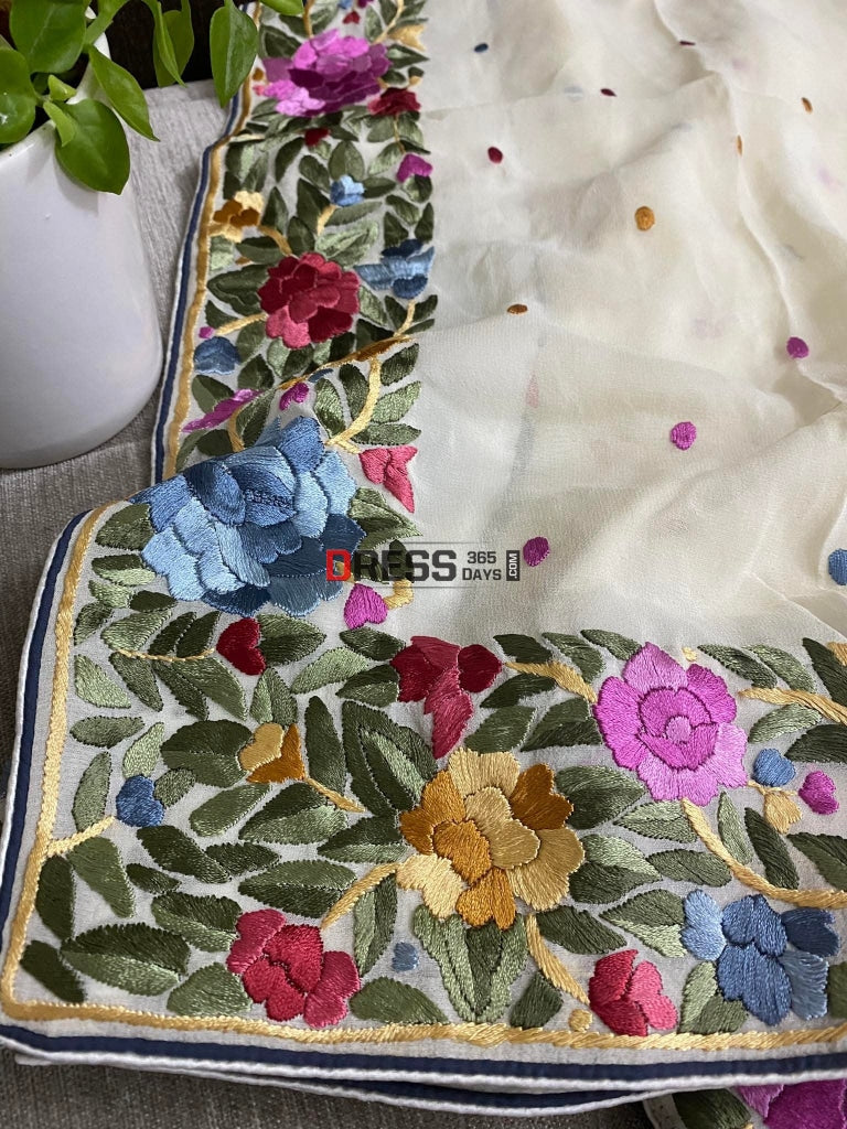 Designer Ivory Parsi Gara Hand Embroidered Dupatta