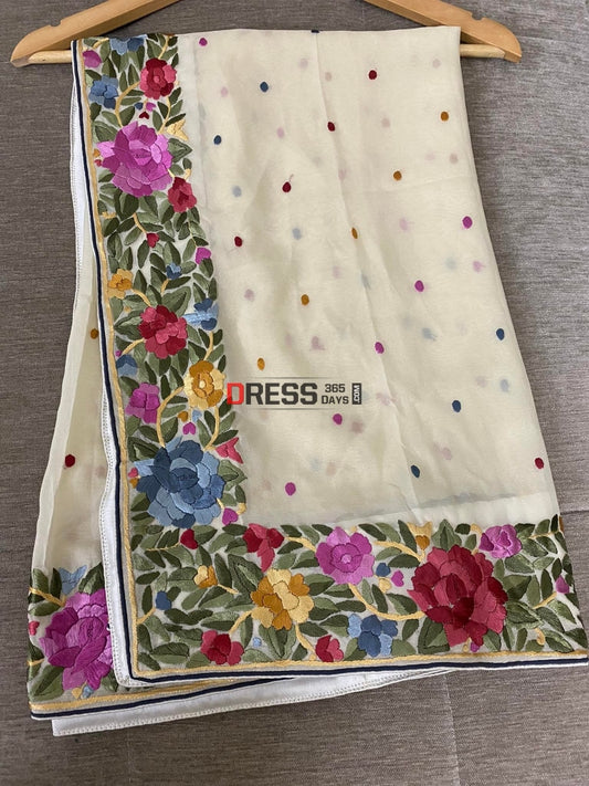 Designer Ivory Parsi Gara Hand Embroidered Dupatta