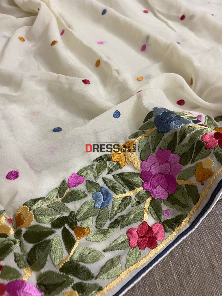 Designer Ivory Parsi Gara Hand Embroidered Dupatta