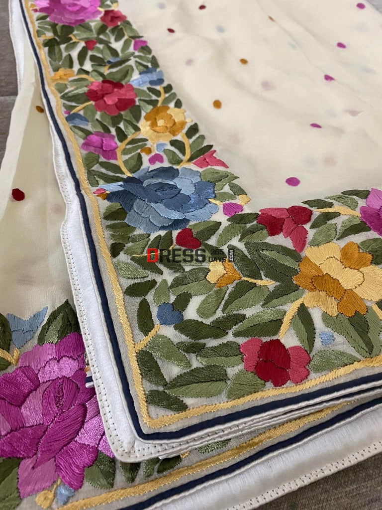 Designer Ivory Parsi Gara Hand Embroidered Dupatta