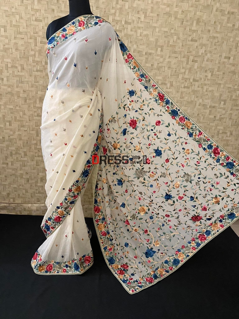 Designer Ivory Parsi Gara Pure Georgette Saree