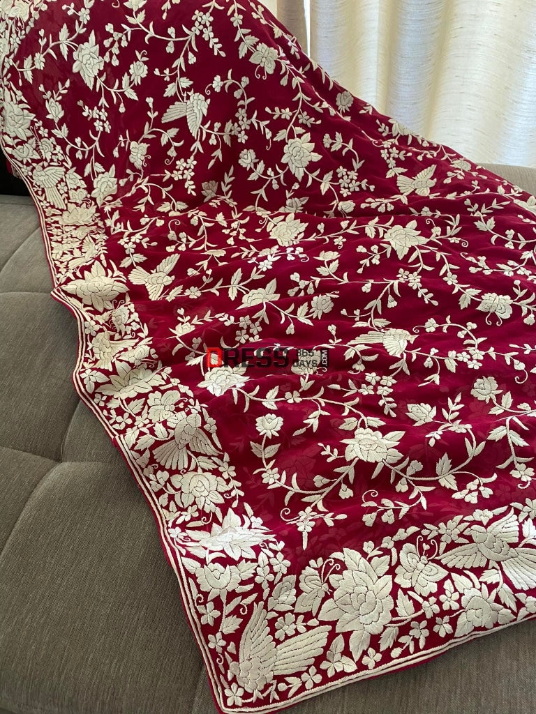 Designer Ivory & Rose Red Parsi Gara Saree