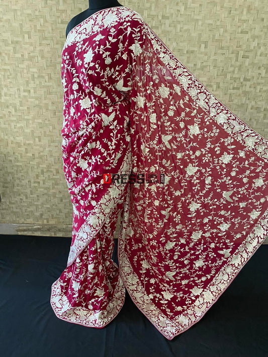 Designer Ivory & Rose Red Parsi Gara Saree