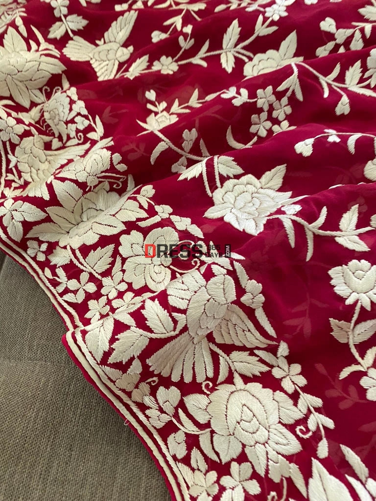 Designer Ivory & Rose Red Parsi Gara Saree
