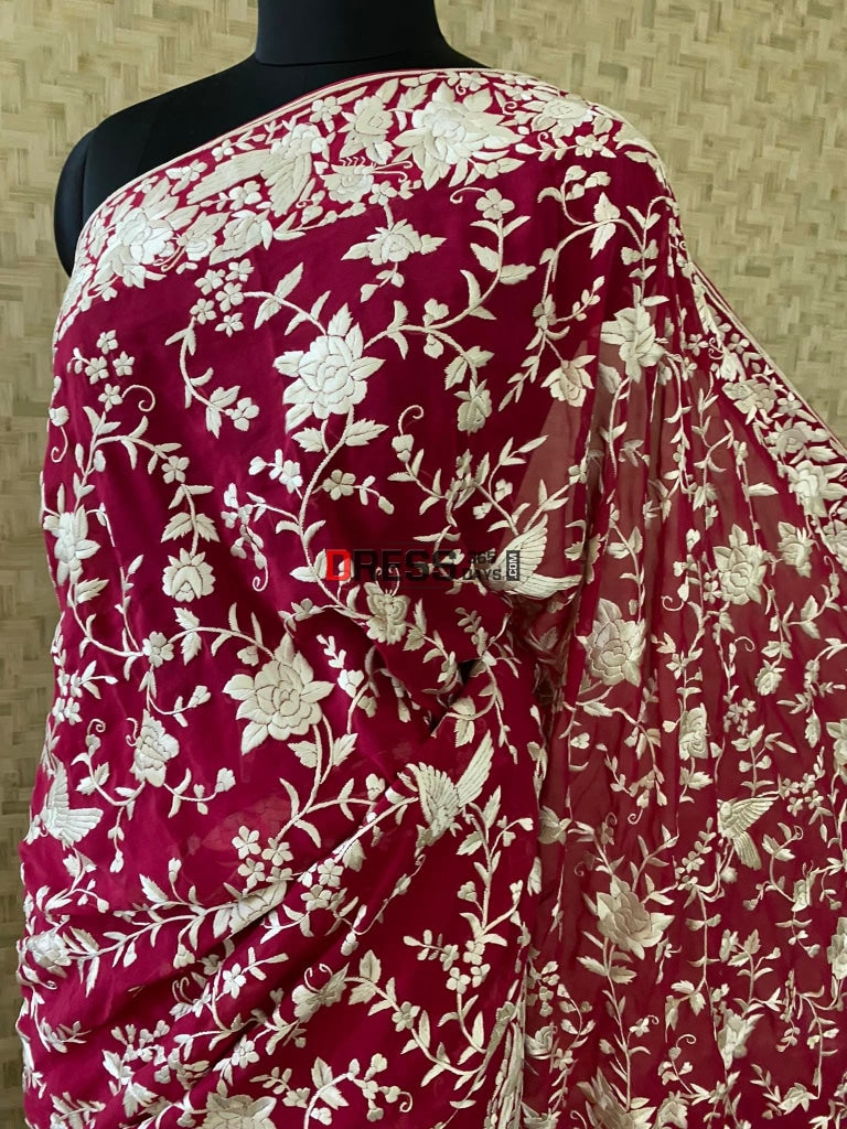 Designer Ivory & Rose Red Parsi Gara Saree
