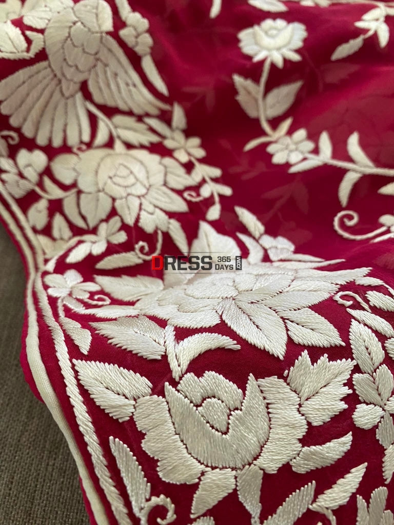 Designer Ivory & Rose Red Parsi Gara Saree