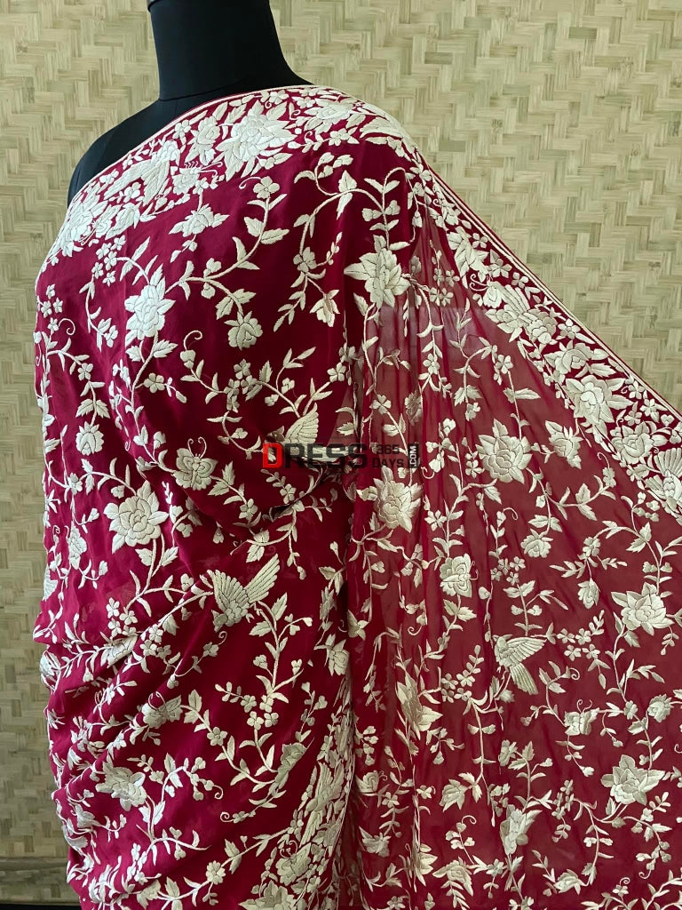 Designer Ivory & Rose Red Parsi Gara Saree