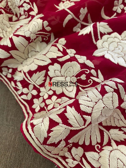 Designer Ivory & Rose Red Parsi Gara Saree