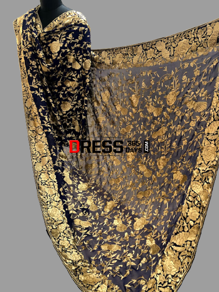 Designer Navy Gold Hand Embroidered Parsi Gara Dupatta