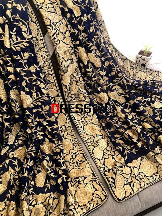 Designer Navy Gold Hand Embroidered Parsi Gara Dupatta