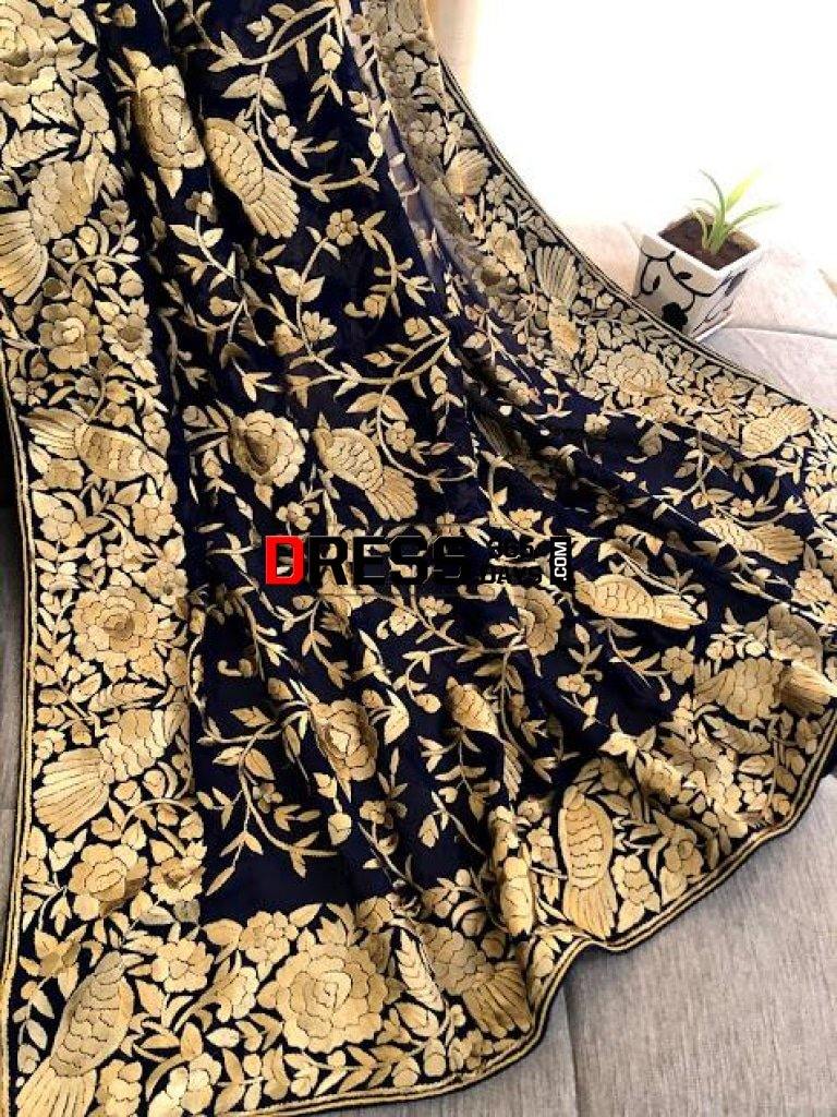 Designer Navy Gold Hand Embroidered Parsi Gara Dupatta