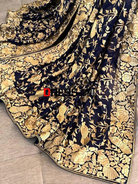 Designer Navy Gold Hand Embroidered Parsi Gara Dupatta