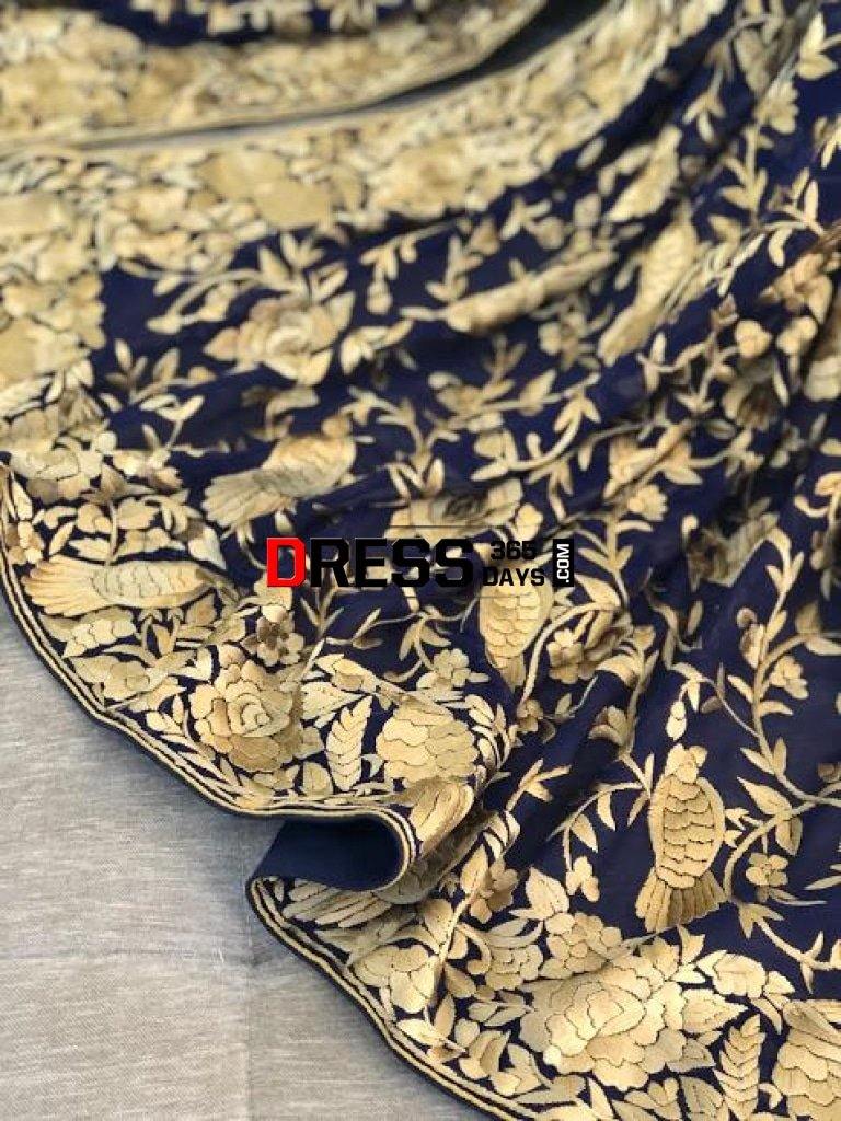 Designer Navy Gold Hand Embroidered Parsi Gara Dupatta