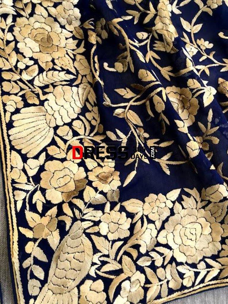Designer Navy Gold Hand Embroidered Parsi Gara Dupatta