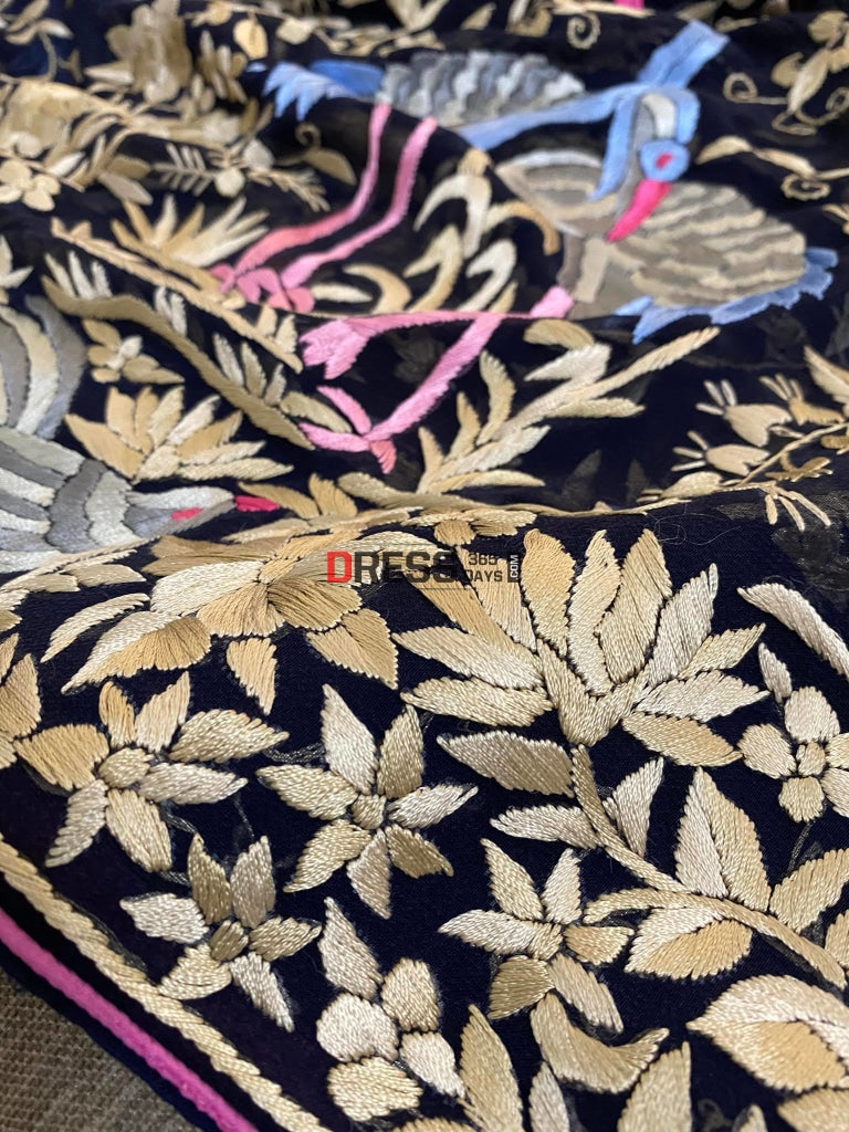 Designer Navy Hand Embroidered Parsi Gara Dupatta