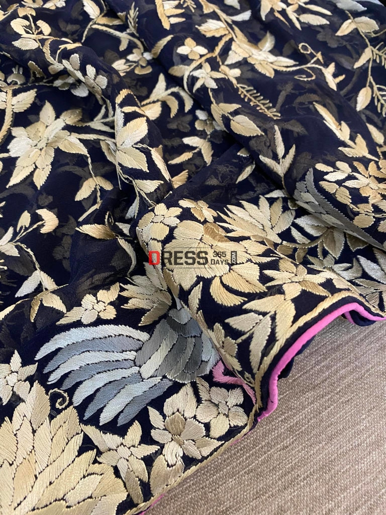 Designer Navy Hand Embroidered Parsi Gara Dupatta