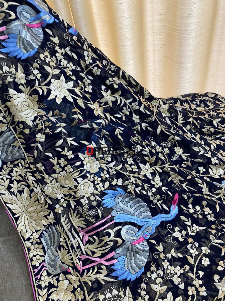 Designer Navy Hand Embroidered Parsi Gara Dupatta