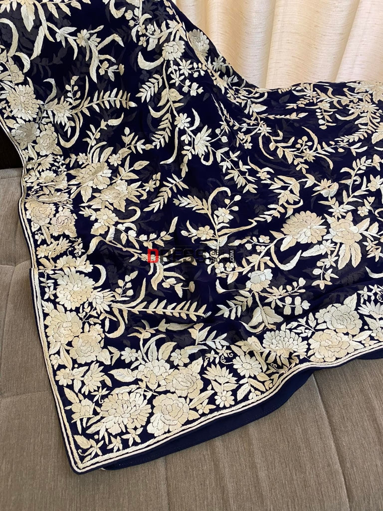 Designer Navy Ivory Floral Parsi Gara Dupatta
