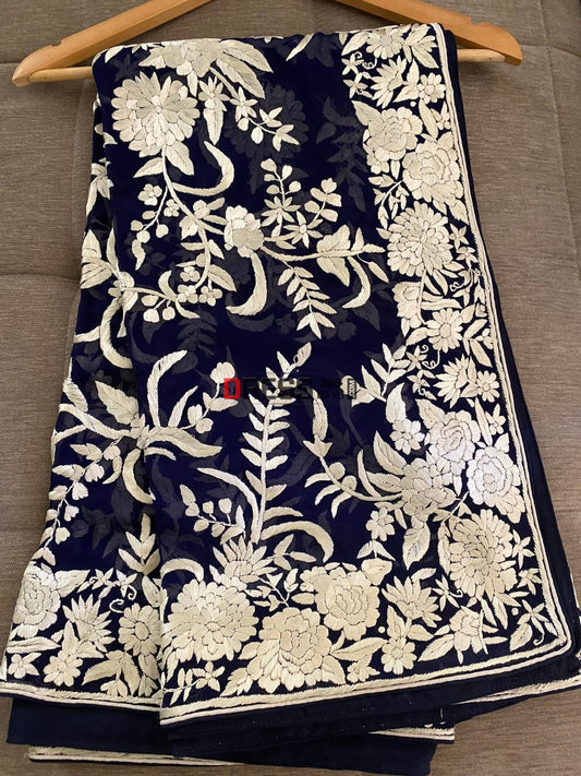 Designer Navy Ivory Floral Parsi Gara Dupatta