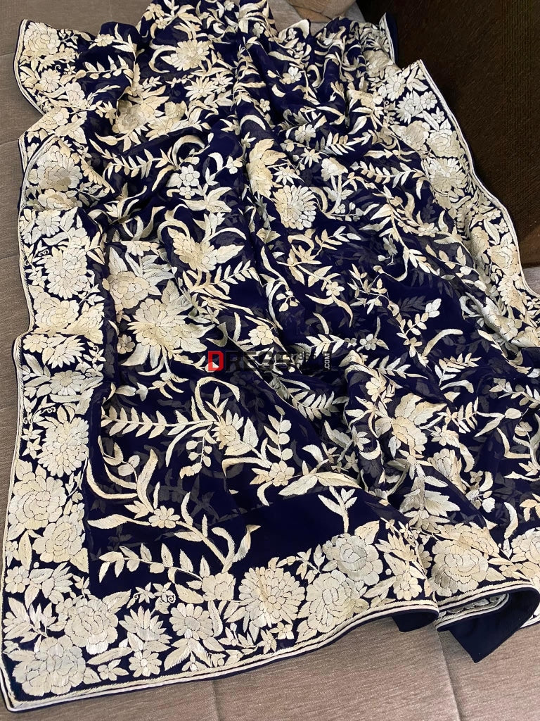 Designer Navy Ivory Floral Parsi Gara Dupatta