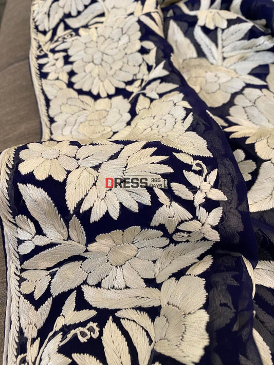 Designer Navy Ivory Floral Parsi Gara Dupatta