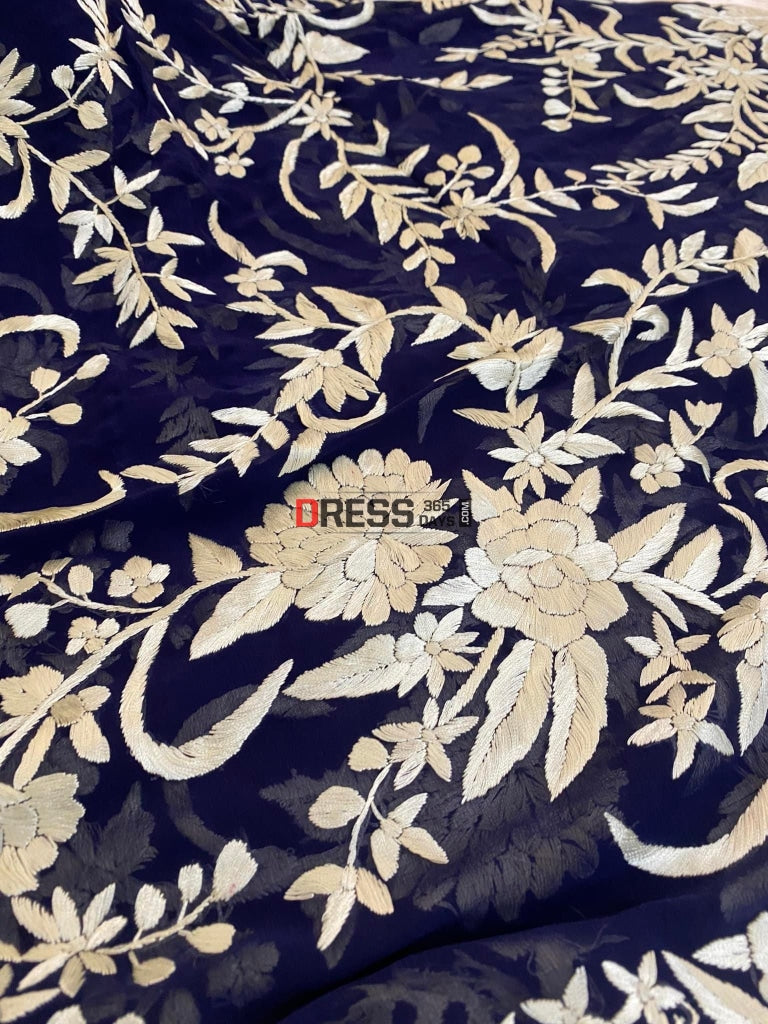 Designer Navy Ivory Floral Parsi Gara Dupatta