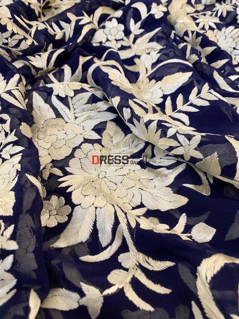 Designer Navy Ivory Floral Parsi Gara Dupatta