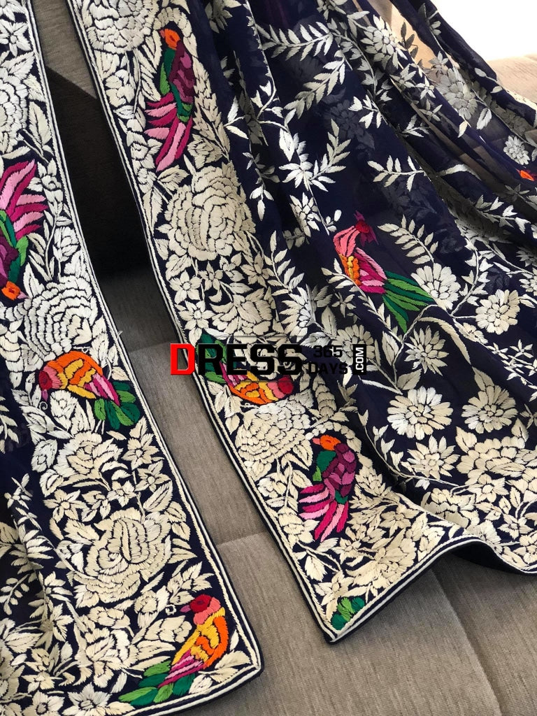Designer Navy Multicolour Hand Embroidered Parsi Gara Dupatta