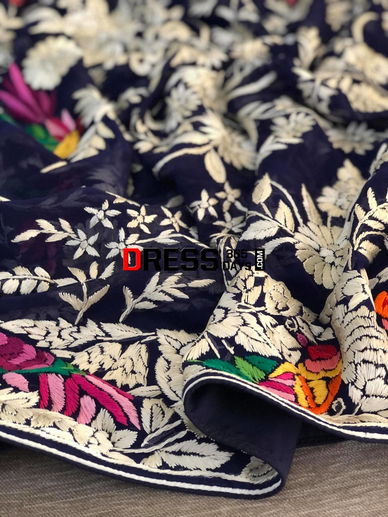 Designer Navy Multicolour Hand Embroidered Parsi Gara Dupatta