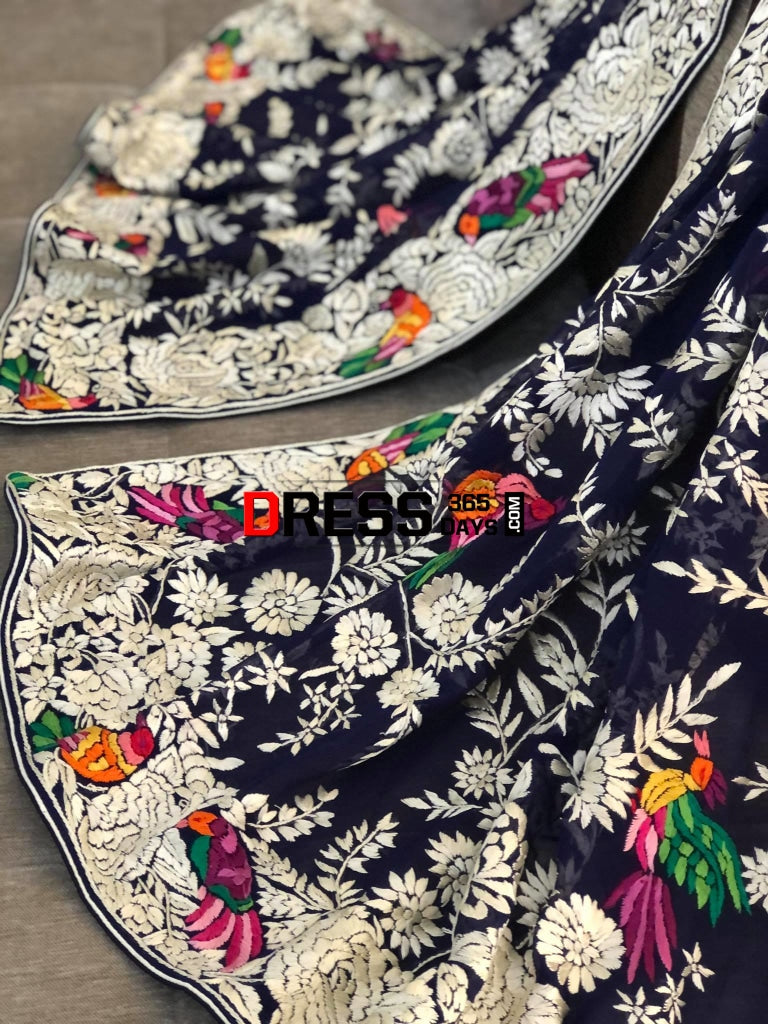 Designer Navy Multicolour Hand Embroidered Parsi Gara Dupatta