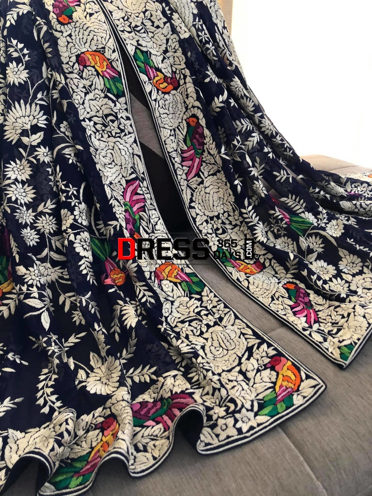 Designer Navy Multicolour Hand Embroidered Parsi Gara Dupatta