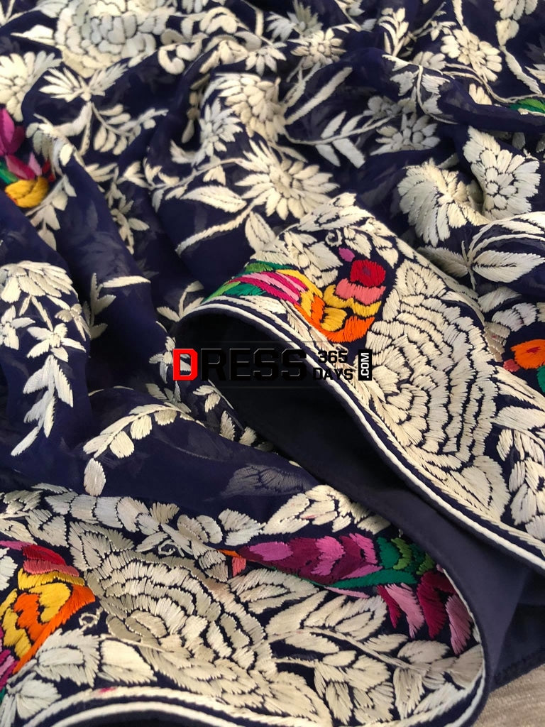 Designer Navy Multicolour Hand Embroidered Parsi Gara Dupatta