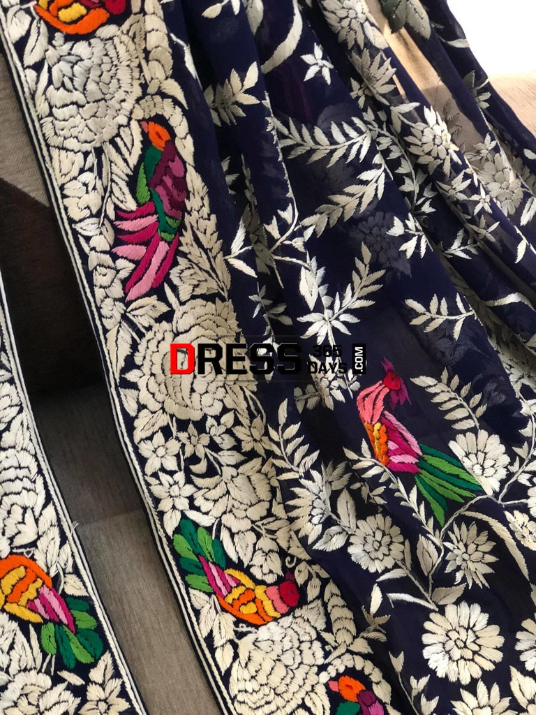 Designer Navy Multicolour Hand Embroidered Parsi Gara Dupatta