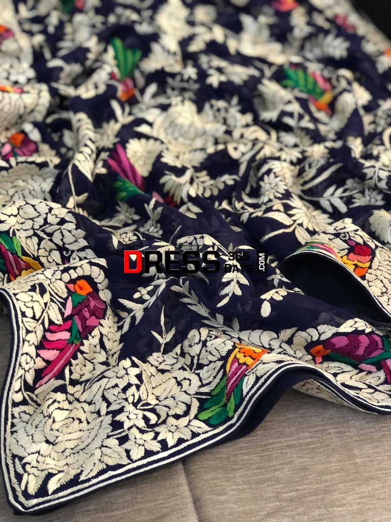 Designer Navy Multicolour Hand Embroidered Parsi Gara Dupatta