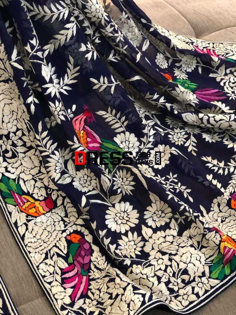Designer Navy Multicolour Hand Embroidered Parsi Gara Dupatta