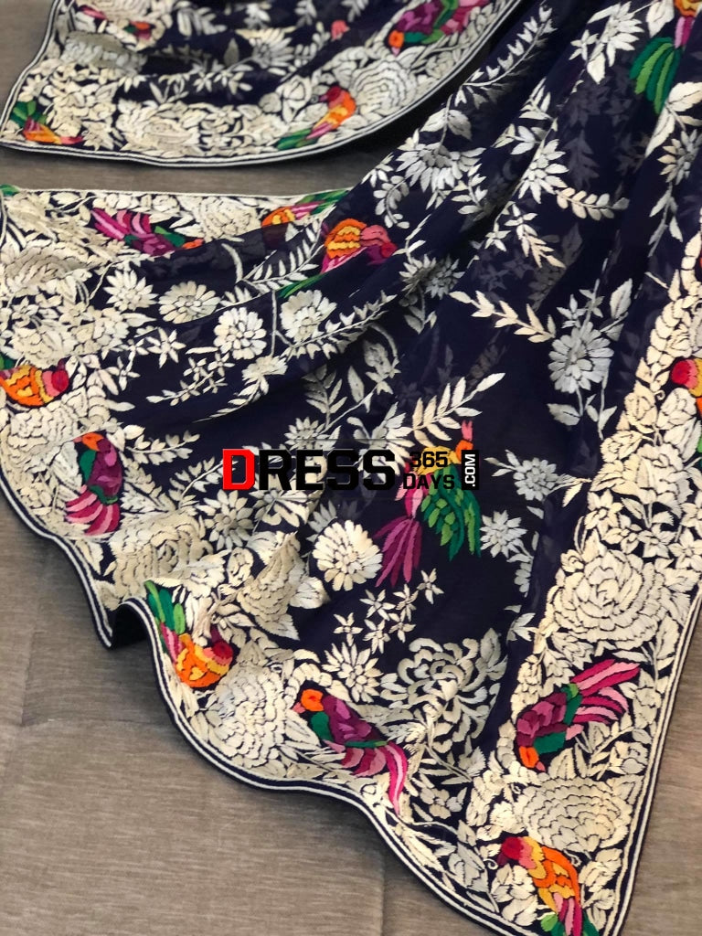 Designer Navy Multicolour Hand Embroidered Parsi Gara Dupatta