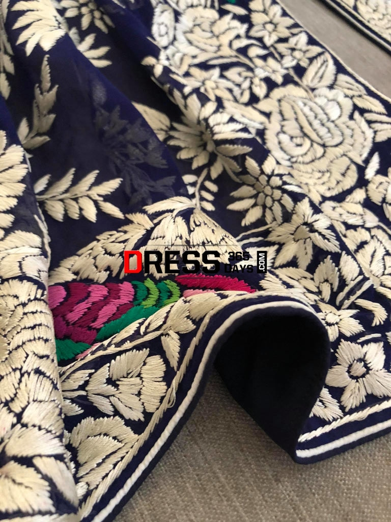 Designer Navy Multicolour Hand Embroidered Parsi Gara Dupatta