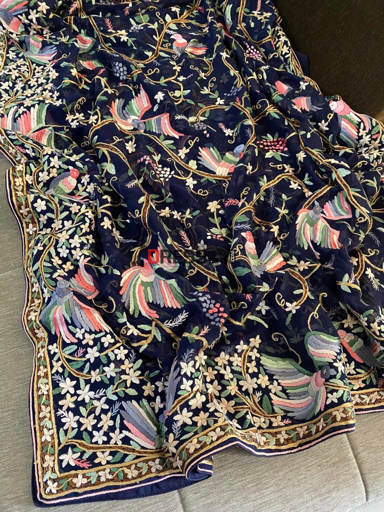 Designer Navy Multicolour Parsi Gara Dupatta