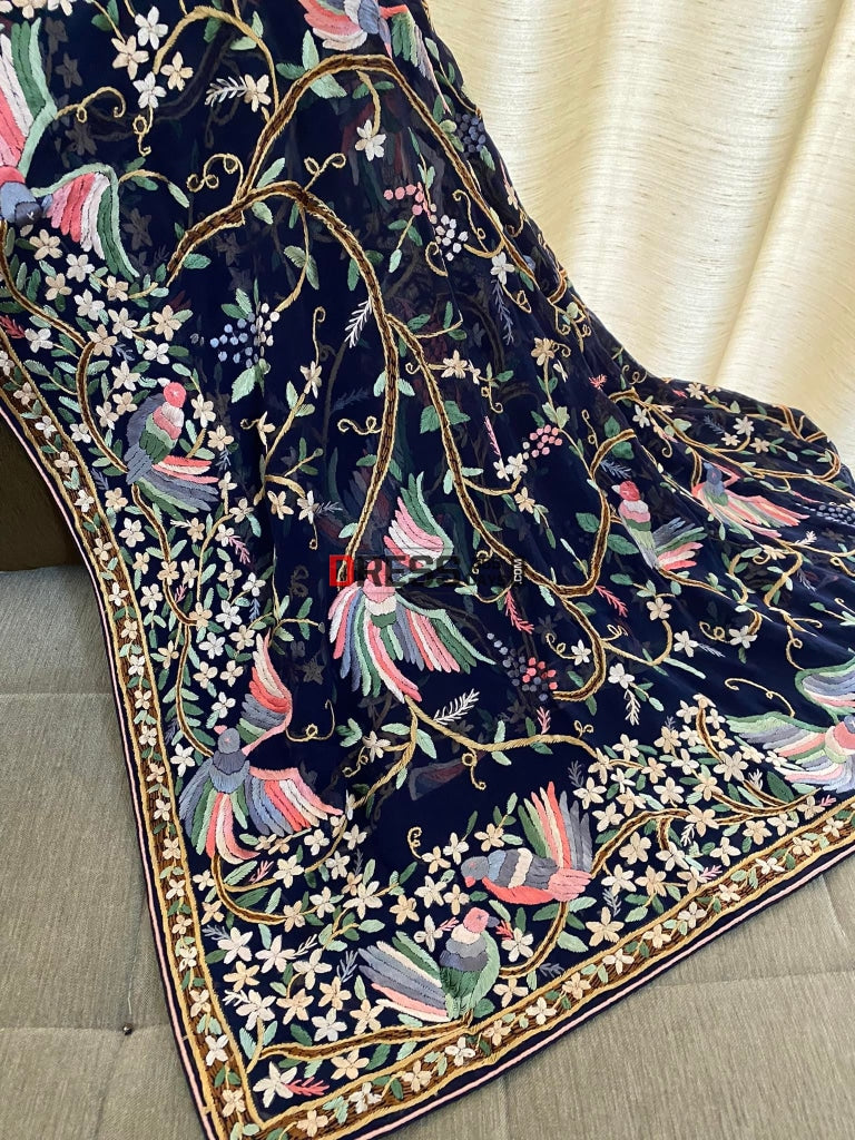 Designer Navy Multicolour Parsi Gara Dupatta