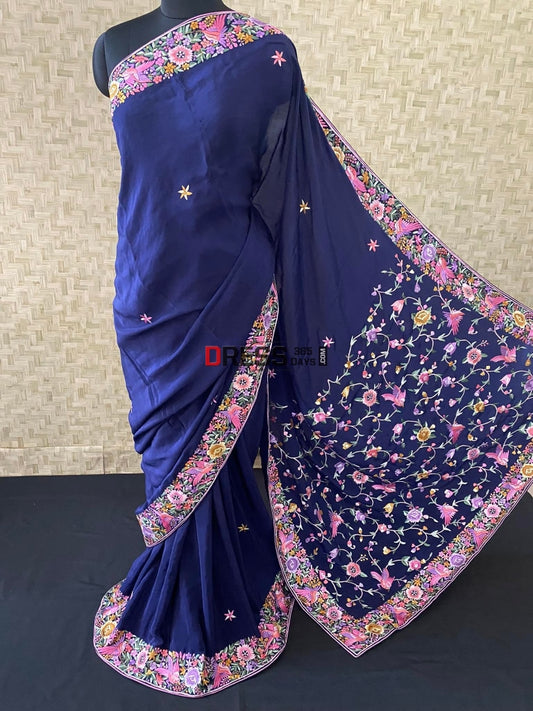 Designer Navy Parsi Gara Crepe Silk Saree