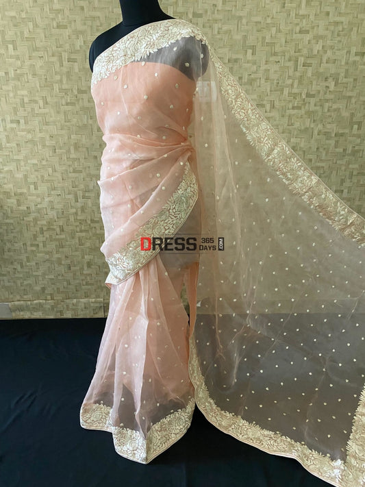 Designer Peach Organza Parsi Gara Saree