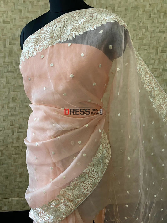 Designer Peach Organza Parsi Gara Saree