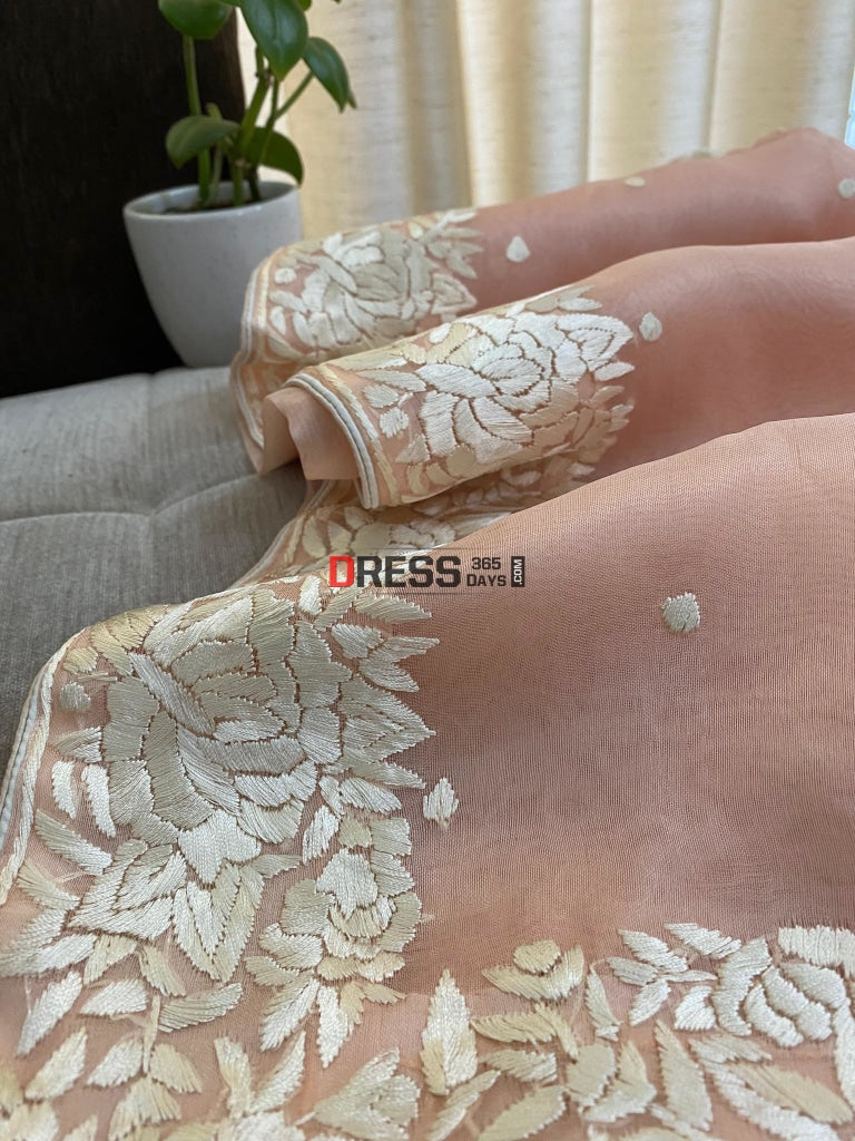 Designer Peach Organza Parsi Gara Saree