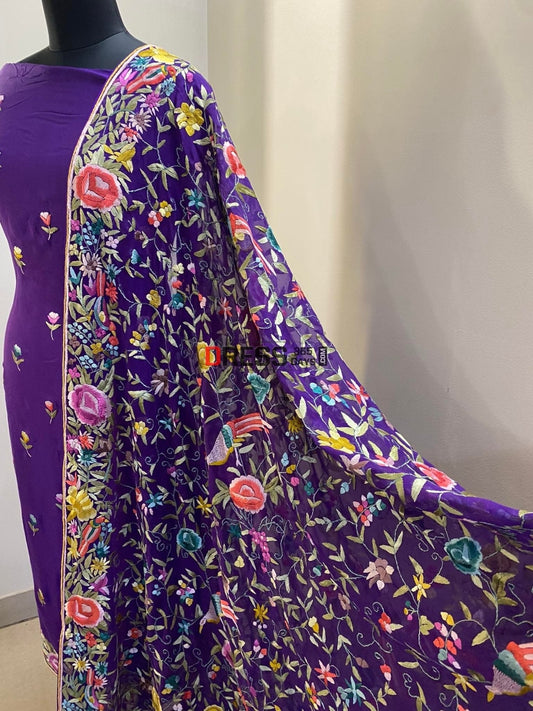 Designer Purple Hand Embroidered Parsi Gara Suit (Three Piece) Suits