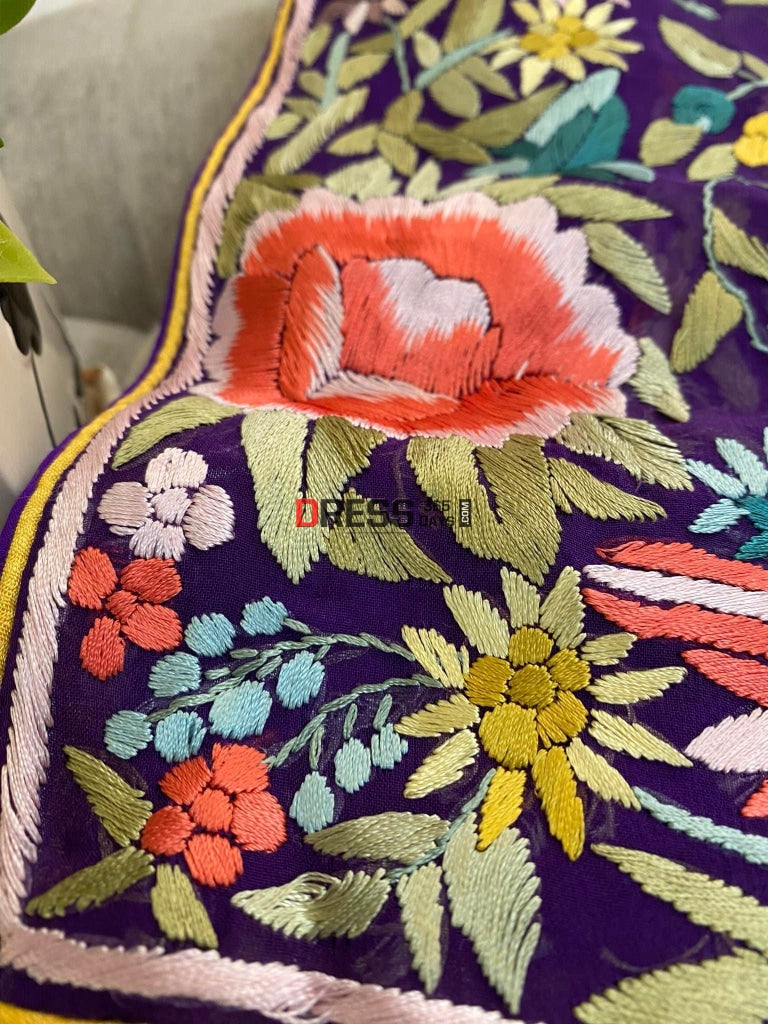Designer Purple Hand Embroidered Parsi Gara Suit (Three Piece) Suits