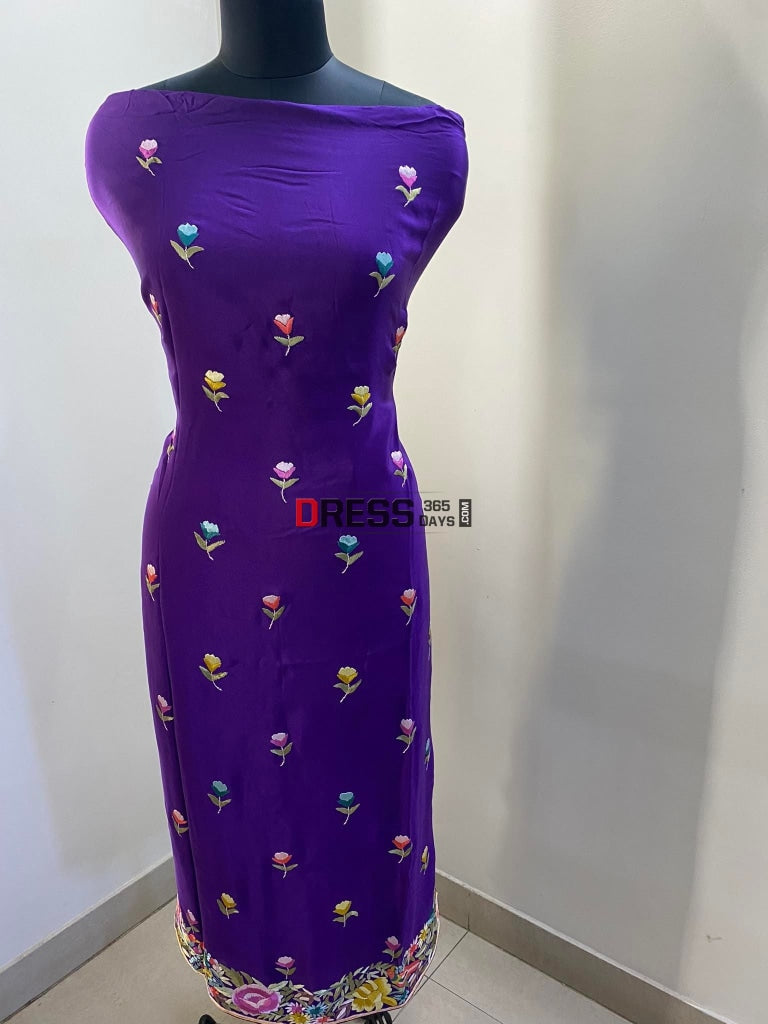 Designer Purple Hand Embroidered Parsi Gara Suit (Three Piece) Suits