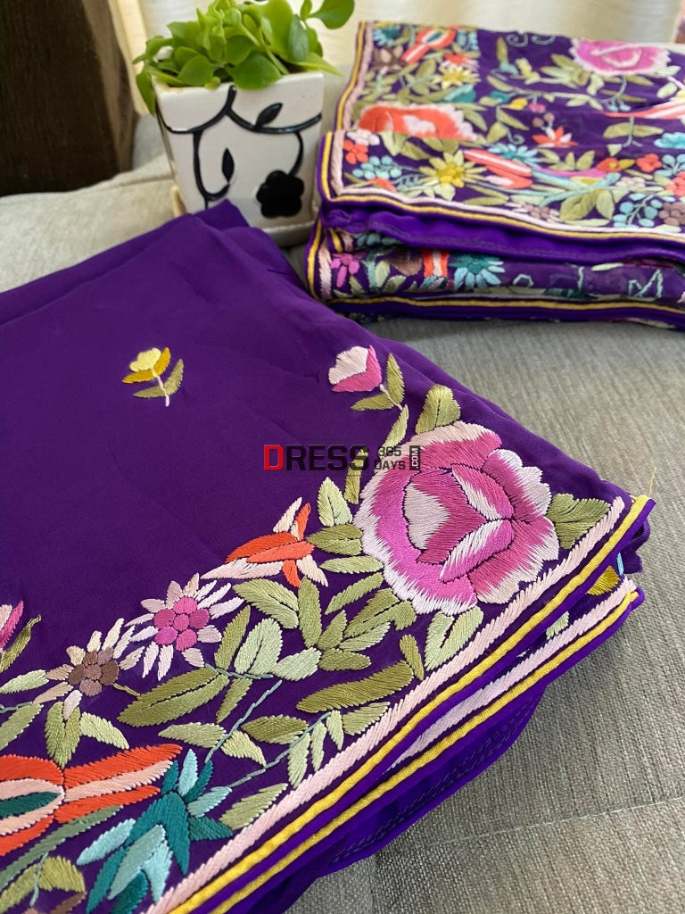 Designer Purple Hand Embroidered Parsi Gara Suit (Three Piece) Suits