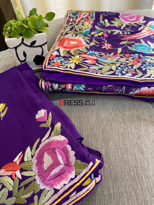 Designer Purple Hand Embroidered Parsi Gara Suit (Three Piece) Suits